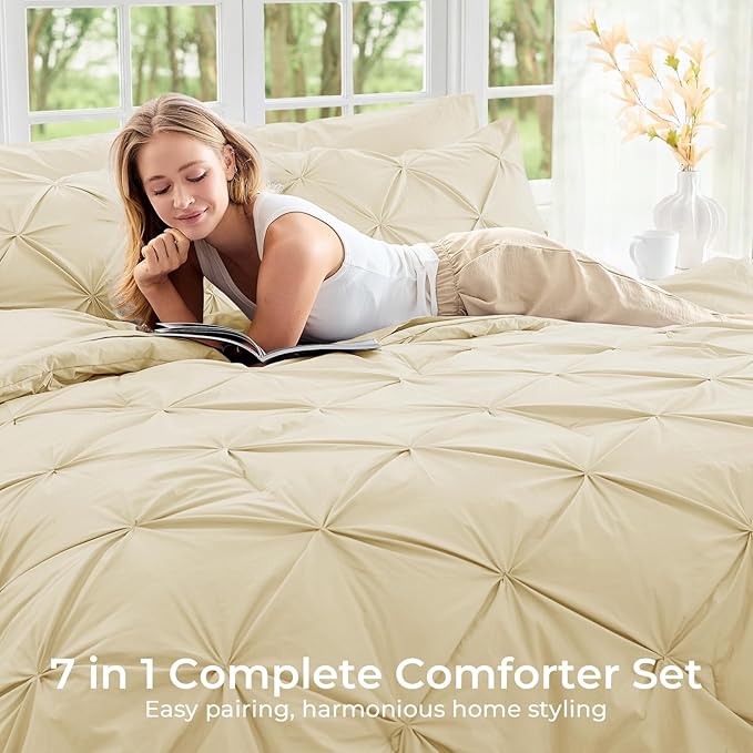 Sasttie Twin Comforter Set, 5-Piece Bed in a Bag, Pintuck Bedding Sets for All Season, Includes Comforter, Flat Sheet, Fitted Sheet, Pillowcase and Pillowsham, Pale Yellow