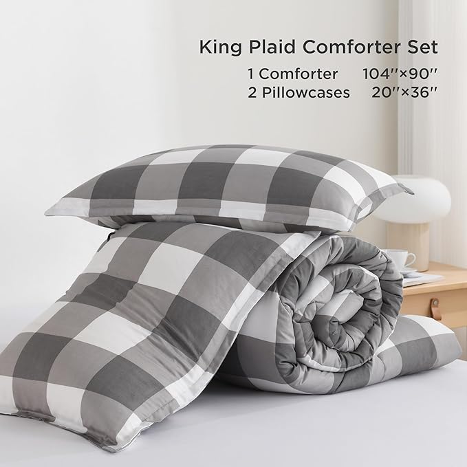 Andency Plaid Comforter King(104x90Inch), Gray White Checkered Gingham Buffalo Bed Set for Boys Teens, Lightweight Bedding, 3 Pieces(1 Comforter & 2 Pillowcases)