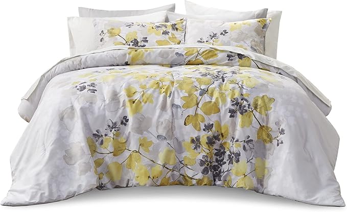Madison Park Essentials Bed in A Bag - Trendy Casual Design Cozy Comforter with Complete Sheet Set with Side Pocket, All Season Cover, Matching Shams, King, Alexis, Leaf Yellow 9 Piece