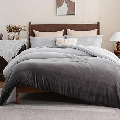 Bedbay Ombre Gray Velvety Fleece Comforter Set King Size Ultra Soft Plush Bedding Gradient Grey Thick Warm Cozy Winter Quilt Set with 2 Pillowcases Luxury Velvet Flannel Bedding Set 3 Pcs