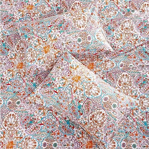 Wake In Cloud - Boho Bed Sheets, 100% Cotton, 4-Piece Sheet Set, Bohemian Hippie Chic Paisley Patterned Aesthetic Bedding, Deep Pocket, Turquoise Orange, King Size