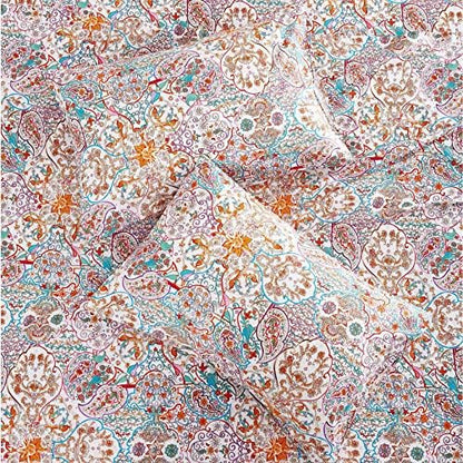 Wake In Cloud - Boho Bed Sheets, 100% Cotton, 4-Piece Sheet Set, Bohemian Hippie Chic Paisley Patterned Aesthetic Bedding, Deep Pocket, Turquoise Orange, King Size