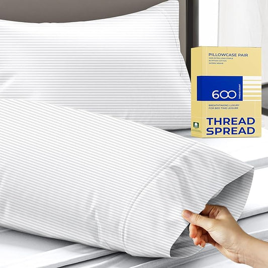 Thread Spread 100% Egyptian Cotton Pillow Cases Queen Size Set of 2 - Luxury 600 Series Bliss Collection Queen Pillow Cases (White Stripe), Soft Cooling Hotel Cotton Pillowcases, Sateen Finish
