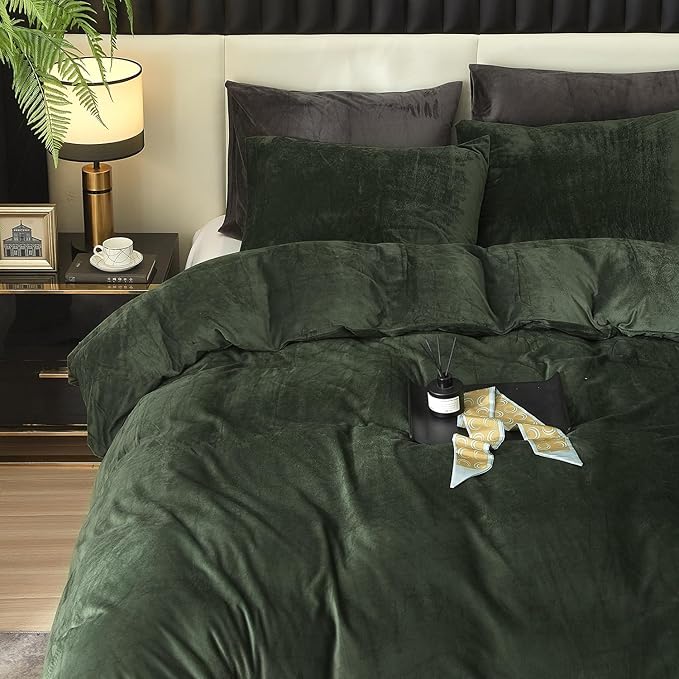 Ivellow Velvet Duvet Cover King Set Dark Green Comforter Cover 3Pcs Ultra Soft Cover Breathable Solid Luxury Flannel Velour Duvet Cover Zipper Closure Corner Tie