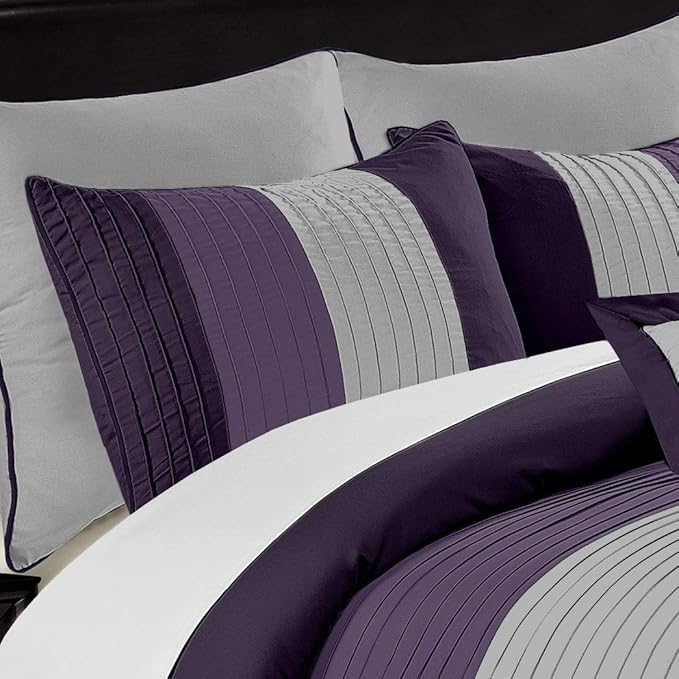 Chezmoi Collection Loft 8-Piece Luxury Striped Comforter Set (Queen, Purple/Gray/Lavender)