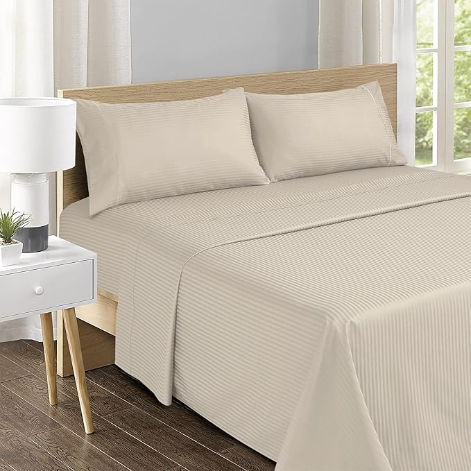 Feather & Stitch 500 TC Full Size Damask Bed Sheet Set, 100% Cotton Soft Breathable Bedsheets, 4 Piece 18" Deep Pockets Sateen Weave Striped Bedding Mattress Resort Hotel Luxury- (Beige Stripe)