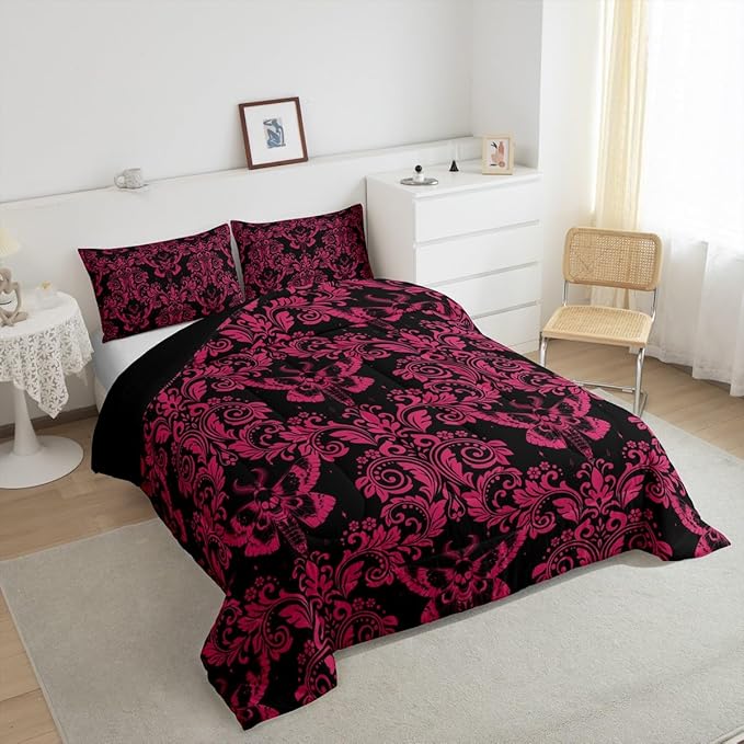 Feelyou Adults Pink Vintage Damask Floral Comforter Set Oriental Antique Comforter King Size Gothic Bohemia Boho Flower Bedding Set Gothic Skull Duvet Set Quilt Set 3Pcs