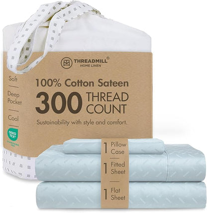 Threadmill Cotton Twin XL Sheet Set | 100% Cotton Sheets for Twin XL Size Bed | Damask Jacquard Sateen Twin XL Bed Sheets Set with 16” Deep Pocket | Soft Breathable 3-Piece Cooling Sheet Set | Blue