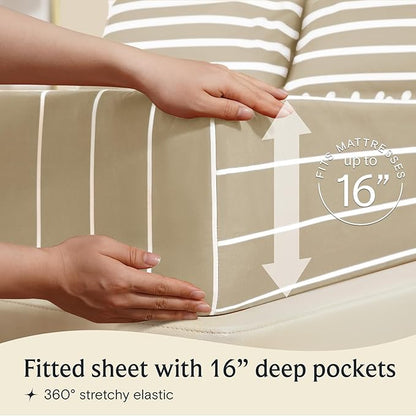 LuxClub 4 PC King Size Sheet Set, Breathable Luxury Bed Sheets, Deep Pockets 18" Wrinkle Free Cooling Machine Washable Hotel Bedding (Striped Cream)