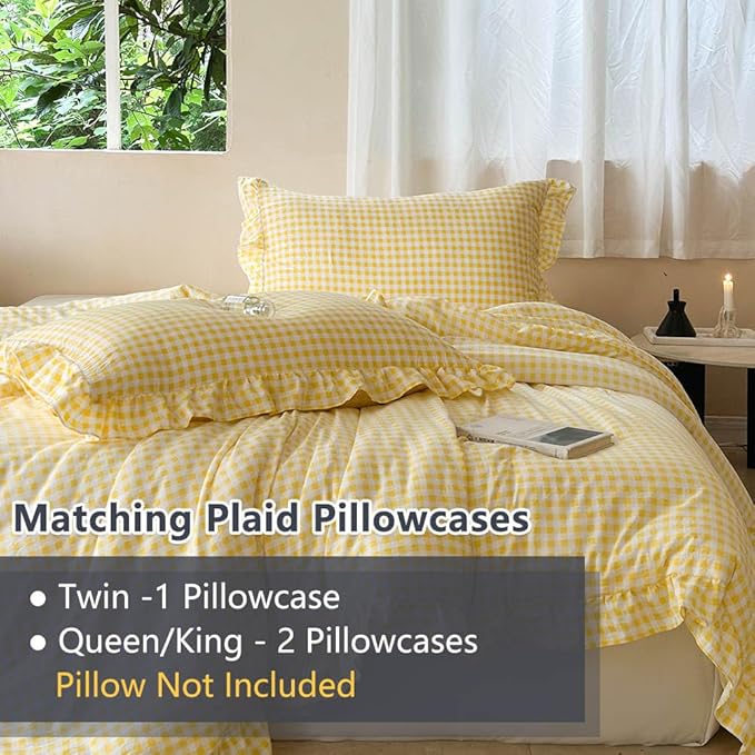 NSNLGSGC Yellow Ruffle Gingham Comforter Set Twin, Pre-Washed Ruffled Plaid Checked Comforter Bedding, 2 Pieces Vintage Farmhouse Grid Bedding Set(Yellow Gingham, Twin)