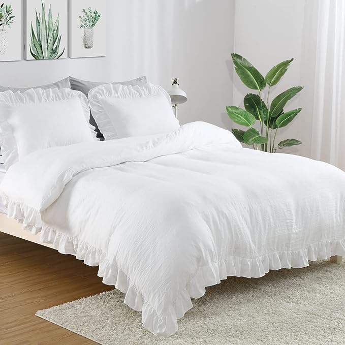 Ruffle Duvet Cover King Size, 3PCS Soft Washed Microfiber Vintage French Country Duvet Cover Set with Button Closure, White, 104x90 in