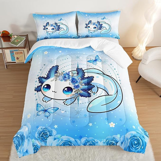 Cartoon Axolotl Comforter Twin Size,Cute Ocean Animal Bedding Set for Teens Girls Room Decor,Blue Comforter Set with 2 Pillowcases.