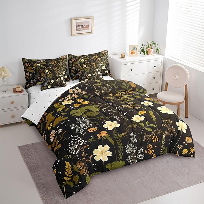 Wild Flowers Leaves Twin Comforter Set with Sheets Bed in a Bag 7 Pcs,Spring Botanical PlantsBed Set,Retro Country Decor Bedding Sets with Comforter,Flat,Fitted Sheet,Pillowcases,Pillow Covers