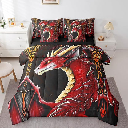 Erosebridal 3D Dragon Bed in a Bag Queen Comforter Set 7 Piece,Vintage Gothic Red Dragon Bedding Sets Antique Wildlife Mythical Animal Sheet Set with Comforter