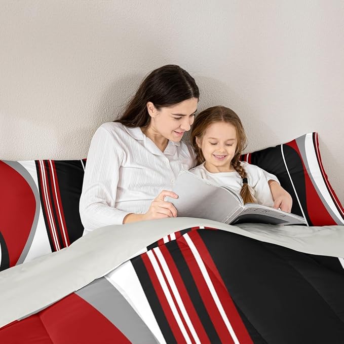 Erosebridal Red and Black Striped Queen Comforter Set for Adult Women Men Grey Modern Abstract Bedding Set Geometric Stripes Lines Bed Set Contemporary Art Boho Quilt Set for Minimalist