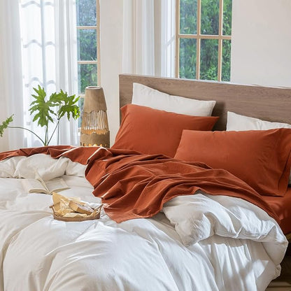 MooMee Bedding Sheet Set 100% Washed Cotton Linen Like Textured Breathable Durable Soft Comfy (Solid Rust Brown, Full)