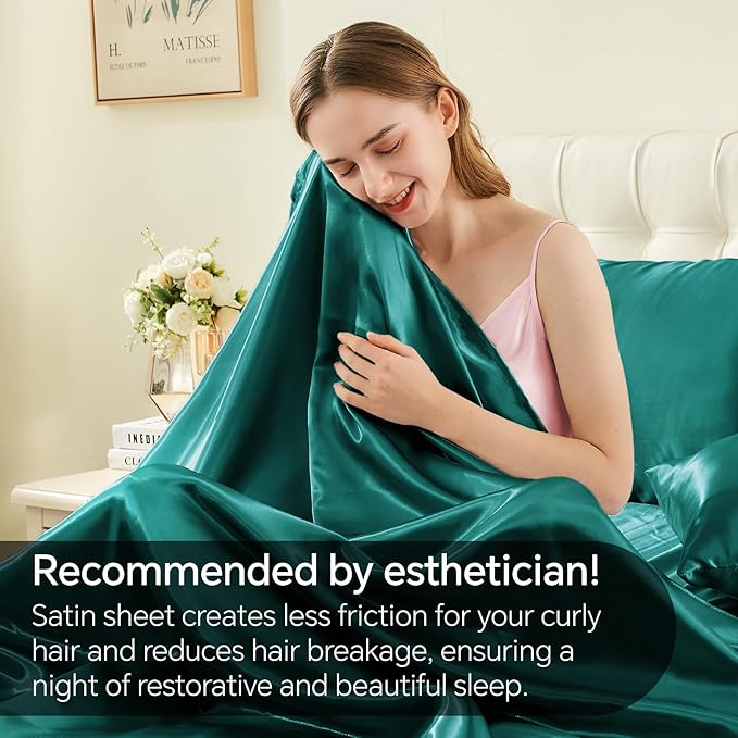 BEDELITE California King Sheets Set, Luxury Soft Teal Satin Sheets for Hair and Skin, Similar to Silk Bed Sheets Set 4 Pieces with 1 Deep Pocket Fitted Sheet, 1 Flat Sheet, and 2 Pillowcases