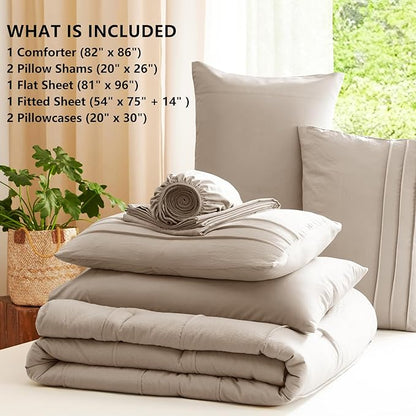 CozyLux Full Size Comforter Sets Wheat, 7 Pieces Soft Pinch Pleat Bed in a Bag Full Comforter Set with Sheets, Boho Bed Set with Down Alternative Comforter, Sheets, Pillowcases & Shams