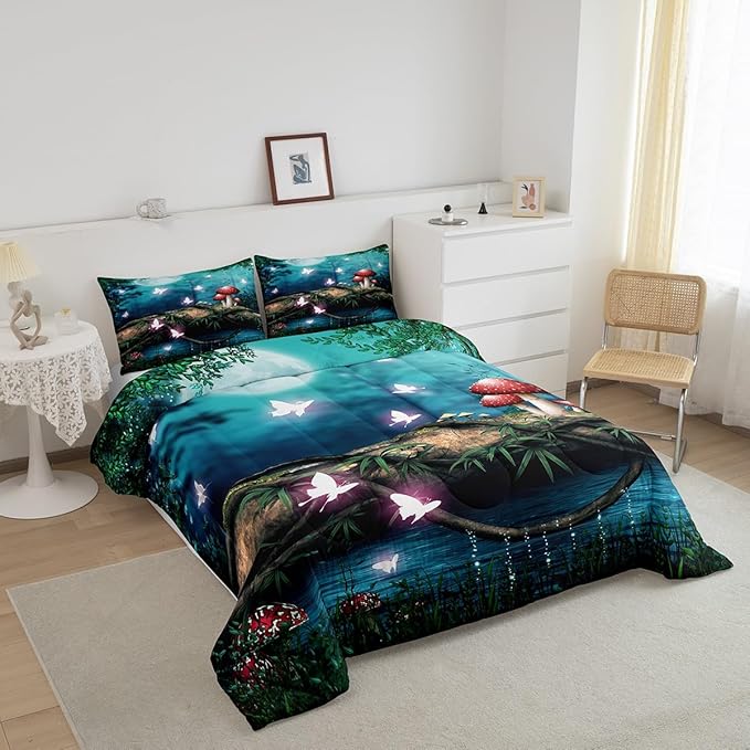 Red Mushroom Bed Comforters Set Queen Size,Moon Night Sky Jungle Super Soft Bedding Set for Boys Girls,Magical Butterfly Cartoon Plant Room Decorative Comforter Set,2 Pillowcase