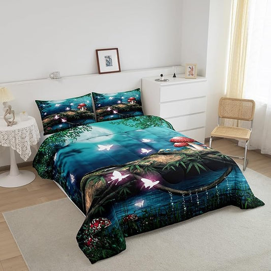 Red Mushroom Bed Comforters Set Queen Size,Moon Night Sky Jungle Super Soft Bedding Set for Boys Girls,Magical Butterfly Cartoon Plant Room Decorative Comforter Set,2 Pillowcase