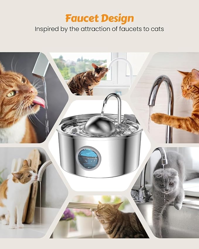 AONBOY Cat Water Fountain with 8 Filters + 8 Sponge Filters | 108oz/3.2L Cat Fountain Stainless Steel with Water Level Window Faucet Shape Dog Water Fountain Multi Filtration