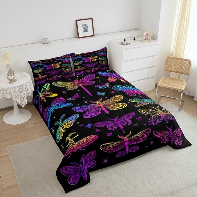 Butterfly Bedding Set, Gothic Ombre Dragonfly Comforter Set for Kids Teens, Gradient Rainbow Death Moth Bedding Comforter Sets Halloween Decoration Bedding, Psychedelic Colorful Wildlife Quilt, King