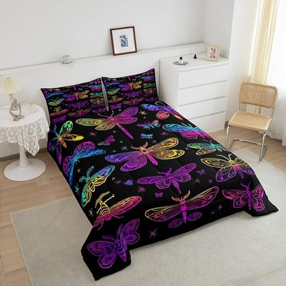 Butterfly Bedding Set, Trippy Ombre Dragonfly Comforter Set for Kids Girls Teens, Gradient Rainbow Butterflies Bedding Comforter Sets, Psychedelic Colorful Moth Quilt Halloween Bedroom Decor, Queen
