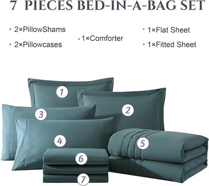Monbix Oversized Queen Size Comforter Set - 7 Pieces Bed in a Bag, Blue Green Bedding Sets with Comforter, All Seasons Comforter Bed Set with Sheets, Pillowcases & Shams