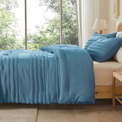 BEDELITE Boho Comforter Set Queen Size, Dusty Blue Tufted Striped Bed Set 3 Pieces, Soft Vintage Farmhouse Comforter for All Seasons, Boho Home Decor,Fluffy Jacquard Bedding with 2 Pillow Shams