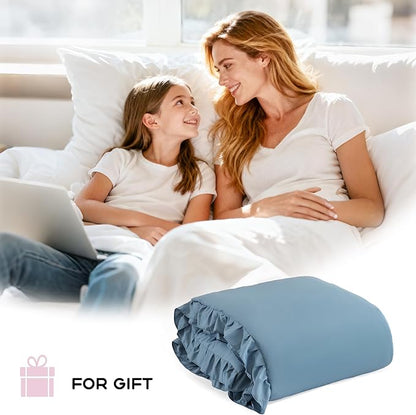 JANZAA Comforters Queen Size Mineral Blue Comforter Set Queen 3PCS(1 Ruffled Comforter Set and 2 Pillowcases) Shabby Chic Bedding Vintage Soft Fluffy Bed Set for All Season