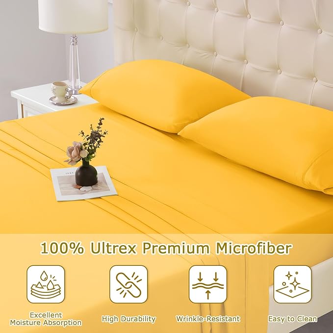 Twin XL Size Bed Sheet Set - 3 Piece Soft Microfiber Sheets with Deep Pockets, Cooling Technology, and Wrinkle-Free Pillowcase. Hotel-Quality, Durable Bedding, Spectra Yellow