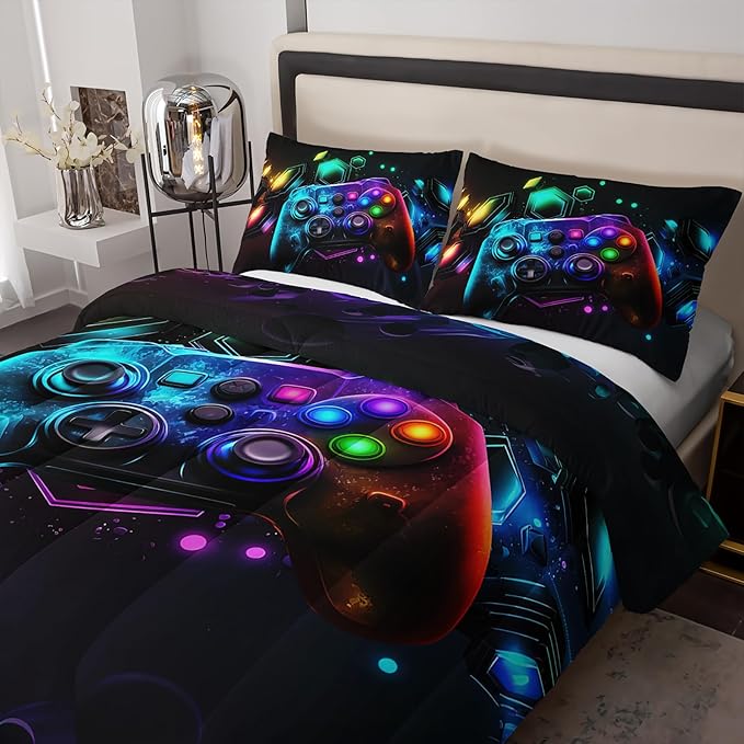 Gamer Comforter Set - Twin Size Video Game Bedding with Neon Gaming Pattern - Ideal for Boys' Gamer Room Decor