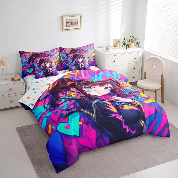 Erosebridal Anime Girl King Comforter Set 7 Piece, Japanese Anime Bedding Set for Kids Girls Teens Adult Bedroom, Cartoon Girl Bed in A Bag Kawaii Japanese Animation Sheet Set, Purple