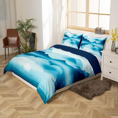 Feelyou Smoky Mountain Bedding Set Full Size Foggy Scenic Duvet Cover for Adult Kids Boys Girls Teal Blue Comforter Cover Set Natural Landscape Bedspread Cover 3Pcs Zipper