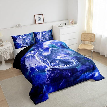 Western Magical Dragon Comforter Set King Size,Starry Sky Glitter Bedding Set for Kids Boys Girls Room Decor,Galaxy Nebula Wildlife Duvet Insert 3Pcs,Nature Animal Blue Quilt Set,2 Pillowcases