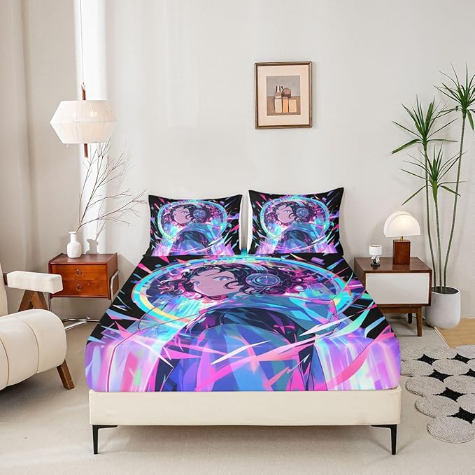 3D Anime Girl Bed Sheets American Street Culture Fitted Sheet Full for Teens Youth Girls Watercolor Graffiti Style Bedding Set Galaxy Stars Print Sheets with 2 Pillow Cases, No Flat Sheet