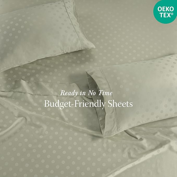 Threadmill Cotton Queen Sheet Set | 100% Cotton Sheets for Queen Size Bed | Damask Jacquard Queen Bed Sheets Set with 16” Deep Pocket | Soft Sateen Weave 4-Piece Cooling Bedding Set | Sage Green