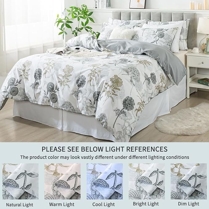FADFAY Floral Duvet Cover Sets King/Cal King 100% Cotton Ink Grey Vintage Flower Patterned Hydrangea Comforter Cover Farmhouse Bedding for All Season Soft Crisp Luxury Bed Cover with Zipper 3 Pieces