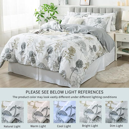 FADFAY Floral Duvet Cover Sets Queen Size 100% Cotton Ink Grey Vintage Flower Patterned Hydrangea Comforter Cover Farmhouse Bedding for All Season Soft Crisp Luxury Bed Cover with Zipper 3 Pieces