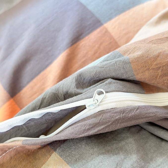 FACE TWO FACE Bedding Duvet Cover Set100% Washed Cotton Duvet Cover Linen Like Textured Breathable Durable Soft Comfy (Queen, Cookie Powder Grid)