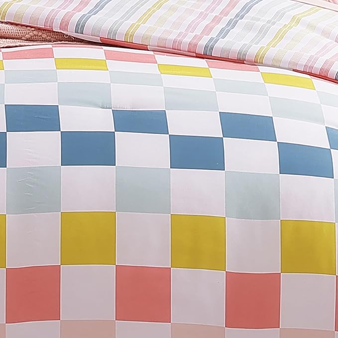 Full Size Comforter Set for Girls-7 Pieces Colorful Check Full Bedding Sets for Kids, Ultra Soft Bed in A Bag with Sheets