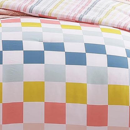 Full Size Comforter Set for Girls-7 Pieces Colorful Check Full Bedding Sets for Kids, Ultra Soft Bed in A Bag with Sheets