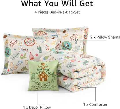 Full Size Comforter Set for Girls - 4 Pieces Forest Friends Full Bedding Sets for Kids,1 Comforter, 2 Shams and 1 Decor Pillow