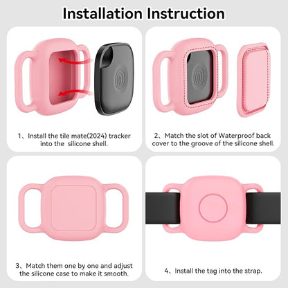 DDJ Waterproof Dog Collar Holder for Life360 Tile Mate Tracker, 4-Pack Durable Silicone Cover, Anti Lost for Tile Tracker Case for Cat & pet Collars, Easy Installation, Black, Pink Punch, White, Pink