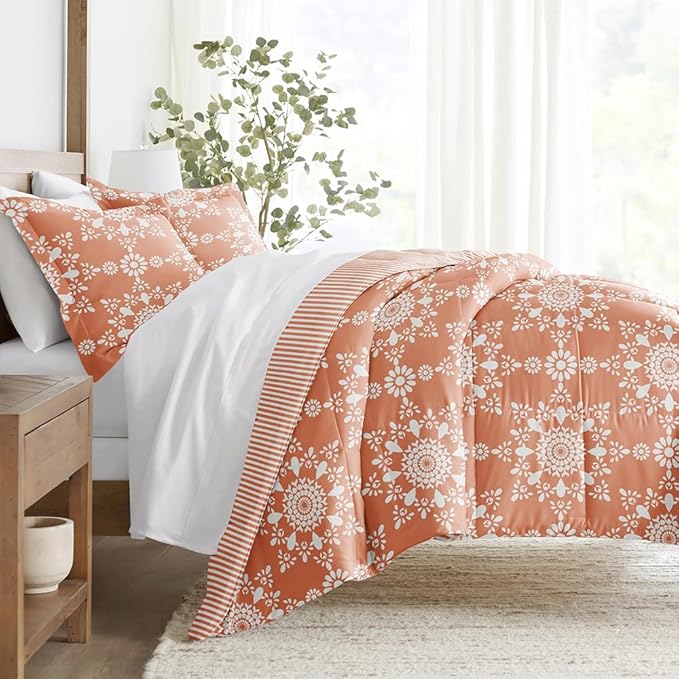 LINENS & HUTCH Comforter Set Patterned Microfiber All Season Down-Alternative Ultra Soft Bedding in Daisy Medallion - Full/Queen Daisy Medallion Clay