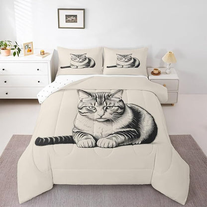 Erosebridal Kitten Bedding Set King Size Sketch Cat Comforter Set for Kids Boys Girls 3D Kawaii Pet Animal Cute Beige Grey Comforter Warm Soft Quilt Insert