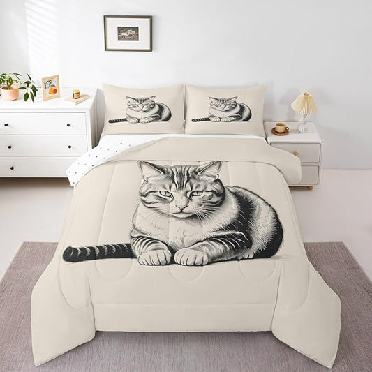 Erosebridal Kitten Bedding Set Toddler Size Sketch Cat Comforter Set for Kids Boys Girls 3D Kawaii Pet Animal Cute Beige Grey Comforter Warm Soft Quilt Insert
