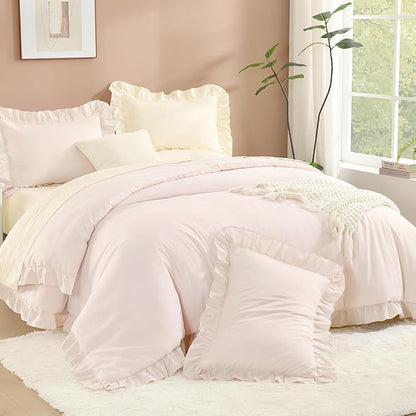 Litanika Light Pink Twin Size Comforter Sets, 2 Pieces Ruffle Farmhouse Aesthetic Bedding Comforter Sets, All Season Soft Lightweight Fluffy Microfiber Bed Set(66x90In Comforter, 1 Pillowcase)