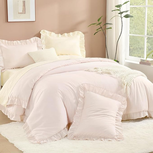 Litanika Light Pink Twin Size Comforter Sets, 2 Pieces Ruffle Farmhouse Aesthetic Bedding Comforter Sets, All Season Soft Lightweight Fluffy Microfiber Bed Set(66x90In Comforter, 1 Pillowcase)
