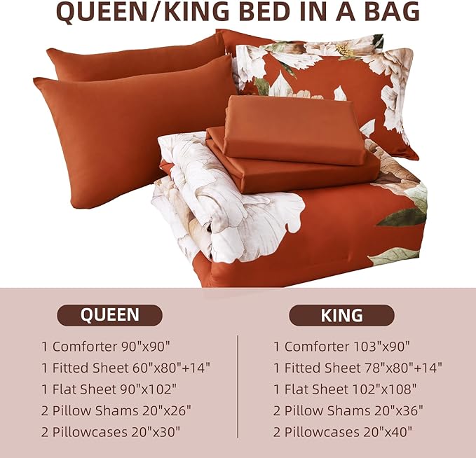 Dobuyly Burnt Orange Comforter Set King Size 7 Piece Bed in a Bag, Floral Printed on Terracotta Comforter Set with Sheets, Soft Microfiber Botanical Fall Bedding Set for All Season